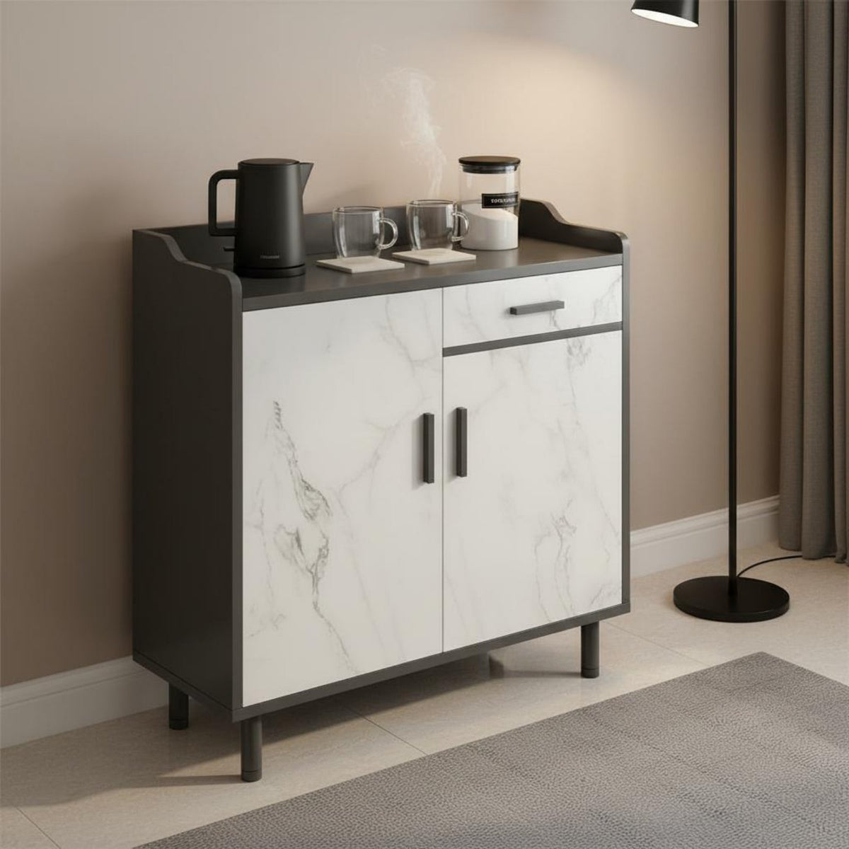 Sintered Stone Top Marble Effect Sideboard Rounded Corners Kitchen Buffet Cabinet Large Capacity Storage Living Room Console Cabinet Multi-Compartment