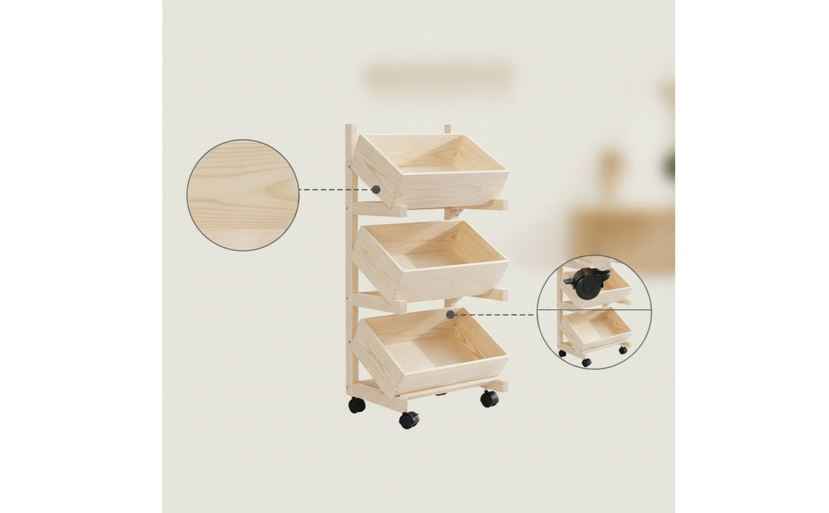 Open-Front Wooden Storage Rack with Casters Space-Saving Slanted Bin Organizer Portable Mobile Utility Cart Heavy-Duty for Living Room