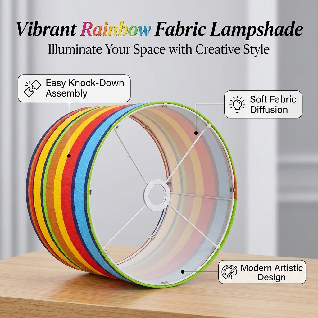 Lampshade for Table Lamps with Rainbow Stripe Pattern Design, Ceiling Light Shade in Denim Textile for Living Room