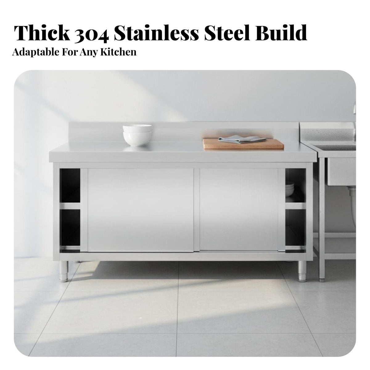 Easy to Clean Stainless Steel Work Table Rust-Proof Stainless Steel Work Table with Cabinet Oil-Resistant Commercial Food Prep Station Waterproof for Restaurant Owners, Home Cooks, Cafeteria, Bakery, Workshop, Garage