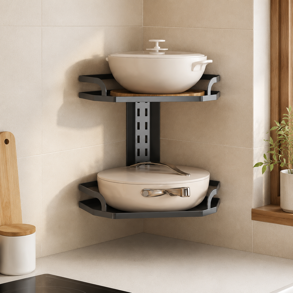 Wall-Mounted Corner Pot Rack, 2-Tier Carbon Steel Multi Tier Pot Rack, Adjustable Pot Organiser for Kitchen Storage, 32.8cm Width