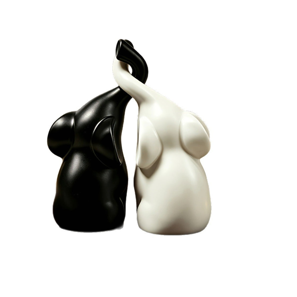 Set of 2 Intertwined Elephant Statue Black and White Loving Elephant Statue Matte Finish Couple Figurine Smooth