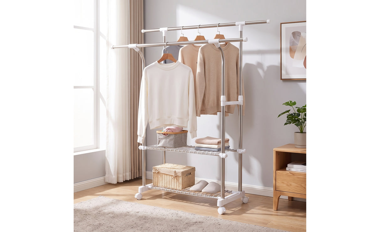 Adjustable Height Clothes Drying Rack with Wheels Extendable Rolling Clothes Rack with Shelves Freestanding Mobile for Balcony