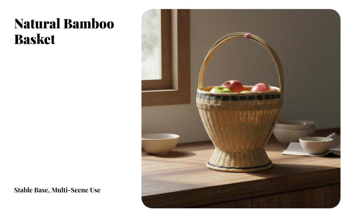 With Handle Handwoven Bamboo Basket Multi-Purpose Handmade Bamboo Basket Breathable Design Natural Fruit Holder Multipurpose for Market Shoppers, Restaurant Owners, Kitchen, Picnic, Countertop, Picnics