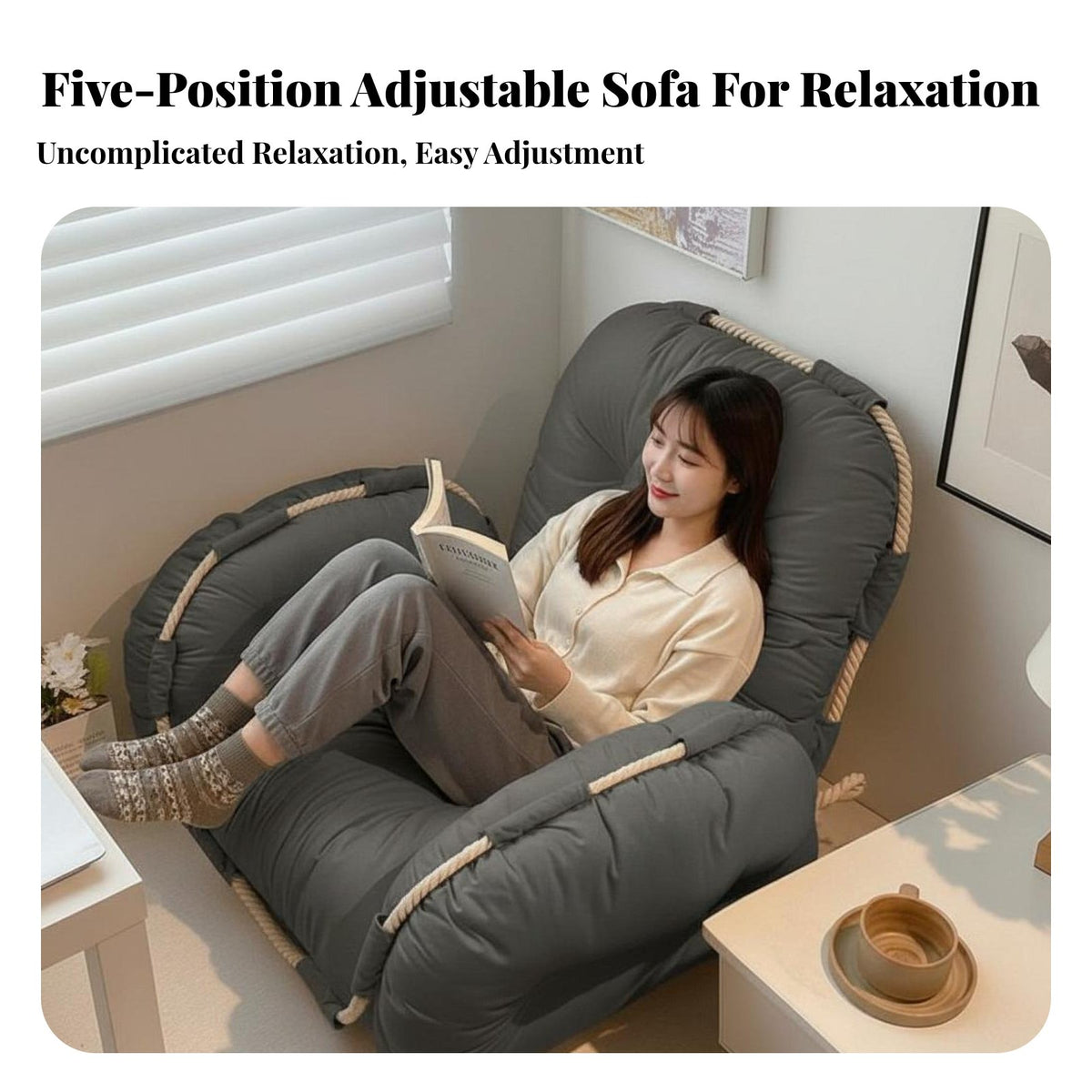 Fully Reclinable Adjustable Padded Floor Chair Space-Saving Design Adjustable Padded Recliner 5-Position Adjustment Single Sofa with Armrests for Apartment Dwellers, Students, Bedroom, Bay Window, Dorm Room, Home Not on Ice