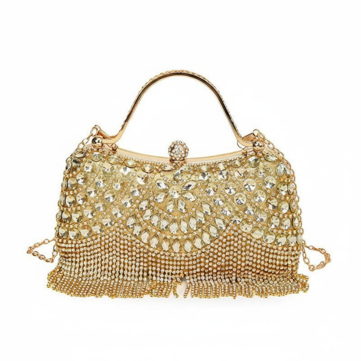 Wrist Strap Rhinestone Fringe Clutch Glamorous Beaded Wristlet Purse Gold Frame for Banquet, Wedding