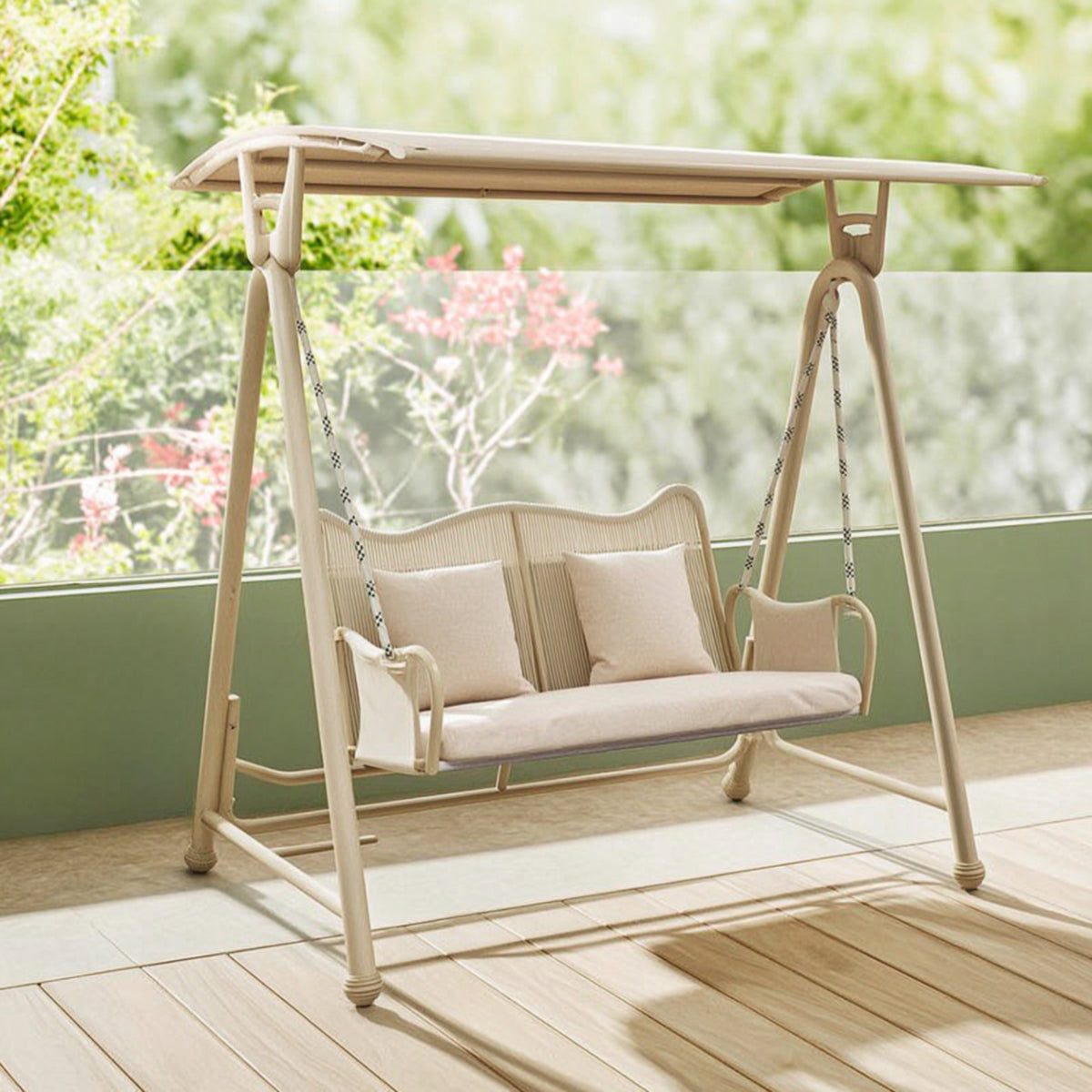 Outdoor Swing Chair with Canopy Weather-Resistant Two-Seat Garden Swing Freestanding Hanging Chair with Frame for Adults, Patio, Backyard, Balcony
