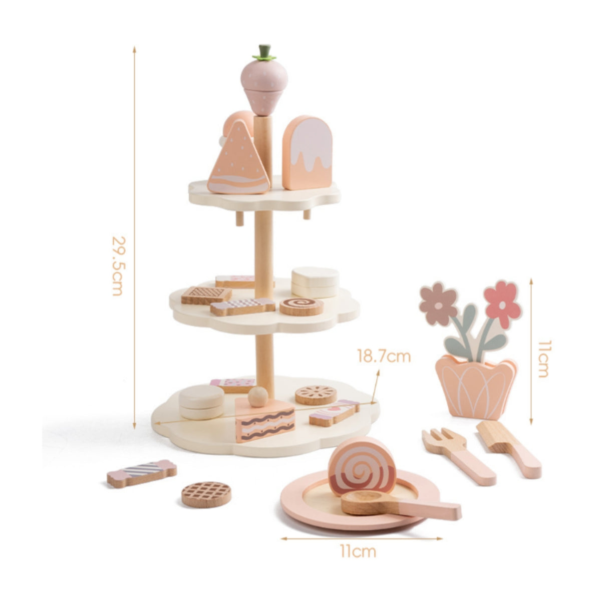 Wooden Dessert Playset Smooth Painted Finish Pretend Confectionery Stand Assorted Accessories Wooden Snack Display for Preschoolers, Children