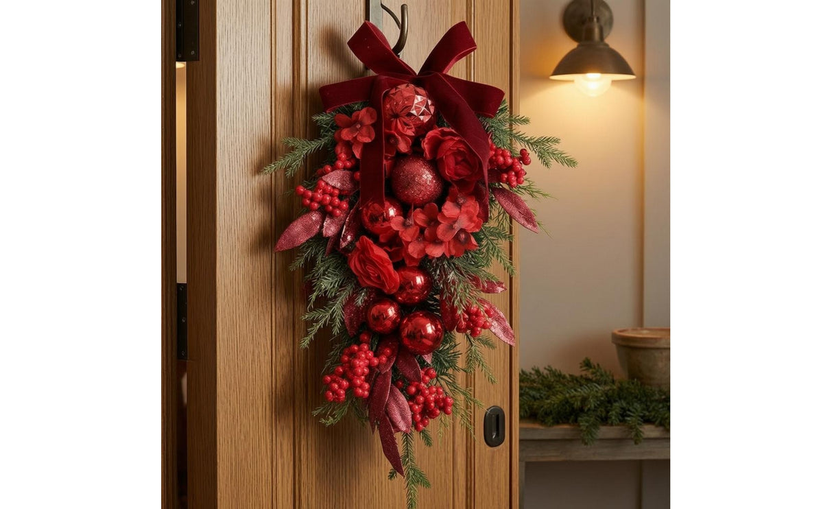 Teardrop Wreath Large Bow Teardrop Door Swag Burgundy Tints Christmas Wreath for Wall
