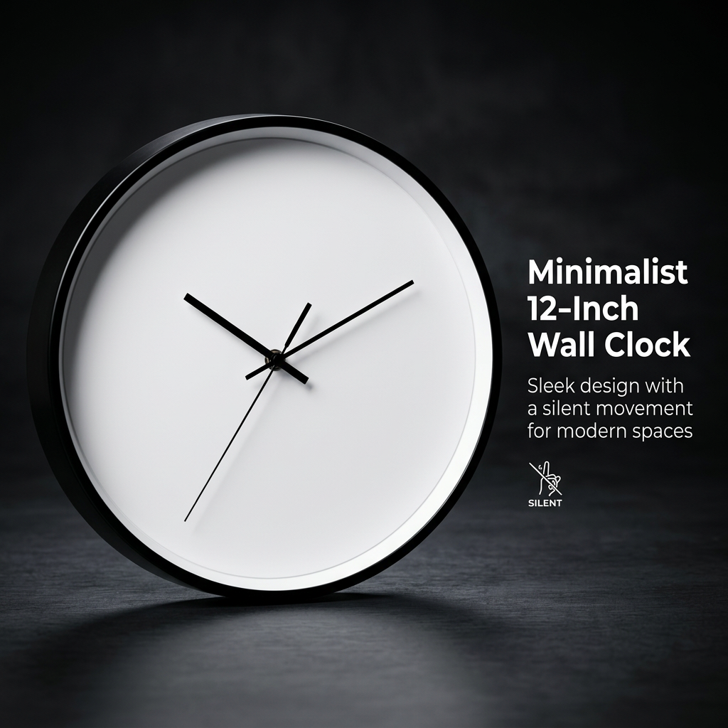 Wall Clock for Living Room, 12 Inch Metal Frame Narrow Design Movement Operated Hanging for Home Office