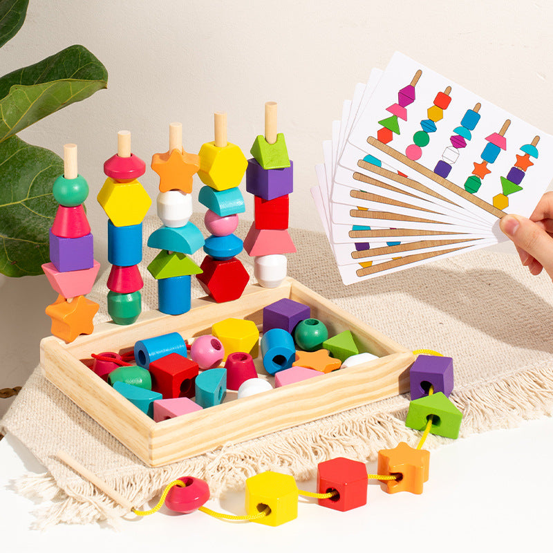 Wooden Color and Shape Matching Rainbow Blocks Educational Toy with Five Columns and Beads
