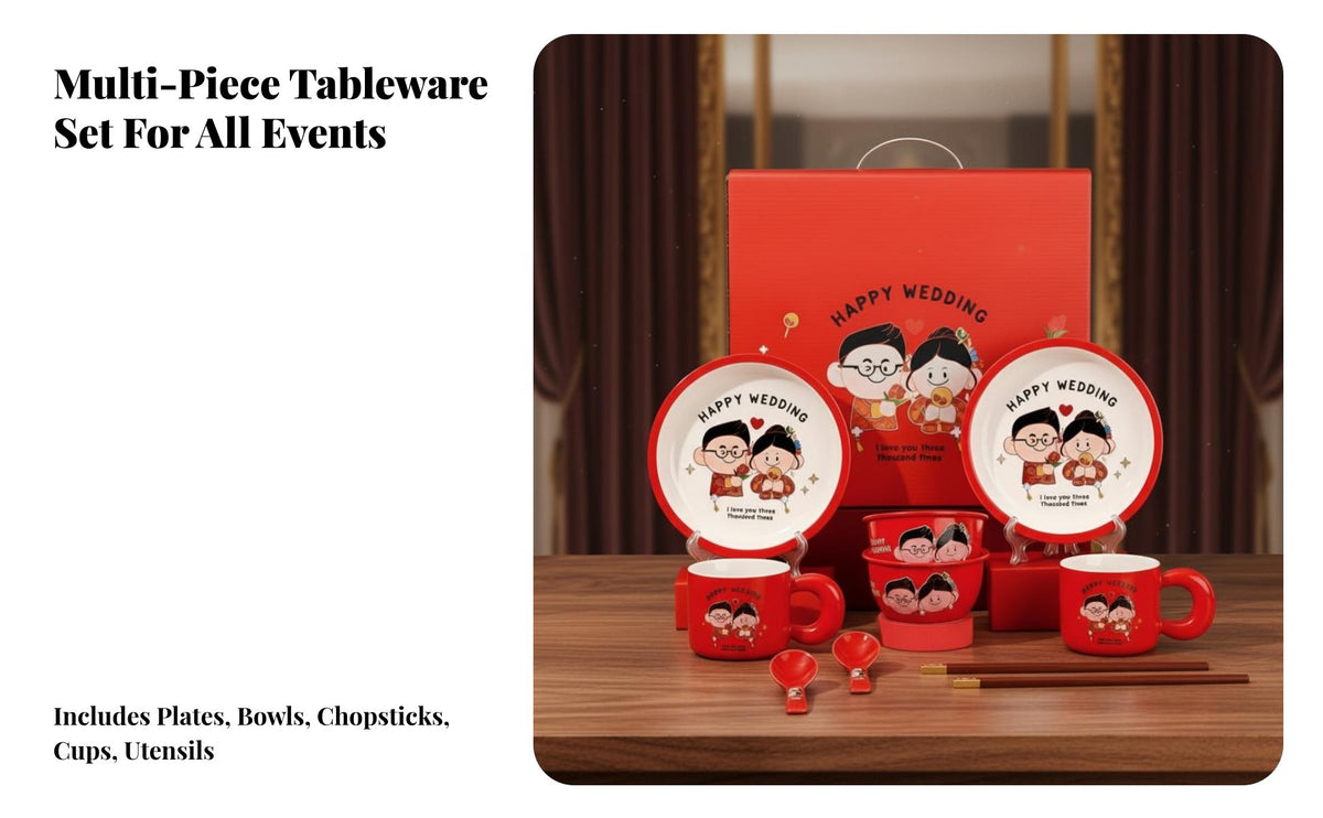 Cartoon Ceramic Dinnerware Set, Red Plates Bowls Cups, Wedding Gift, Festive Tableware
