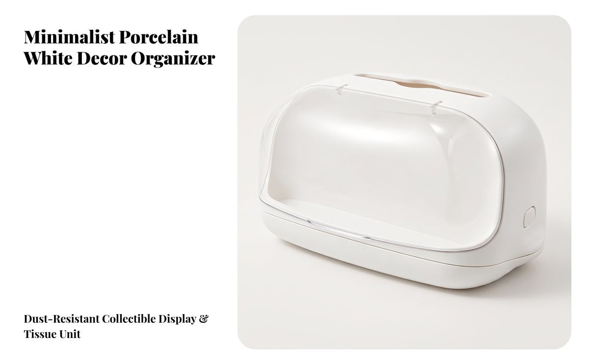 Figurine Display Box with Tissue Slot | Dustguard Enclosed Design, Smooth rigid Construction, Tissue Holder with Display Compartment, for Tabletop