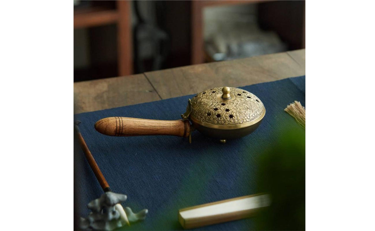 Incense Burner with Handle Solid Brass Tabletop Censer Wooden for Meditation, Tea Table, Study