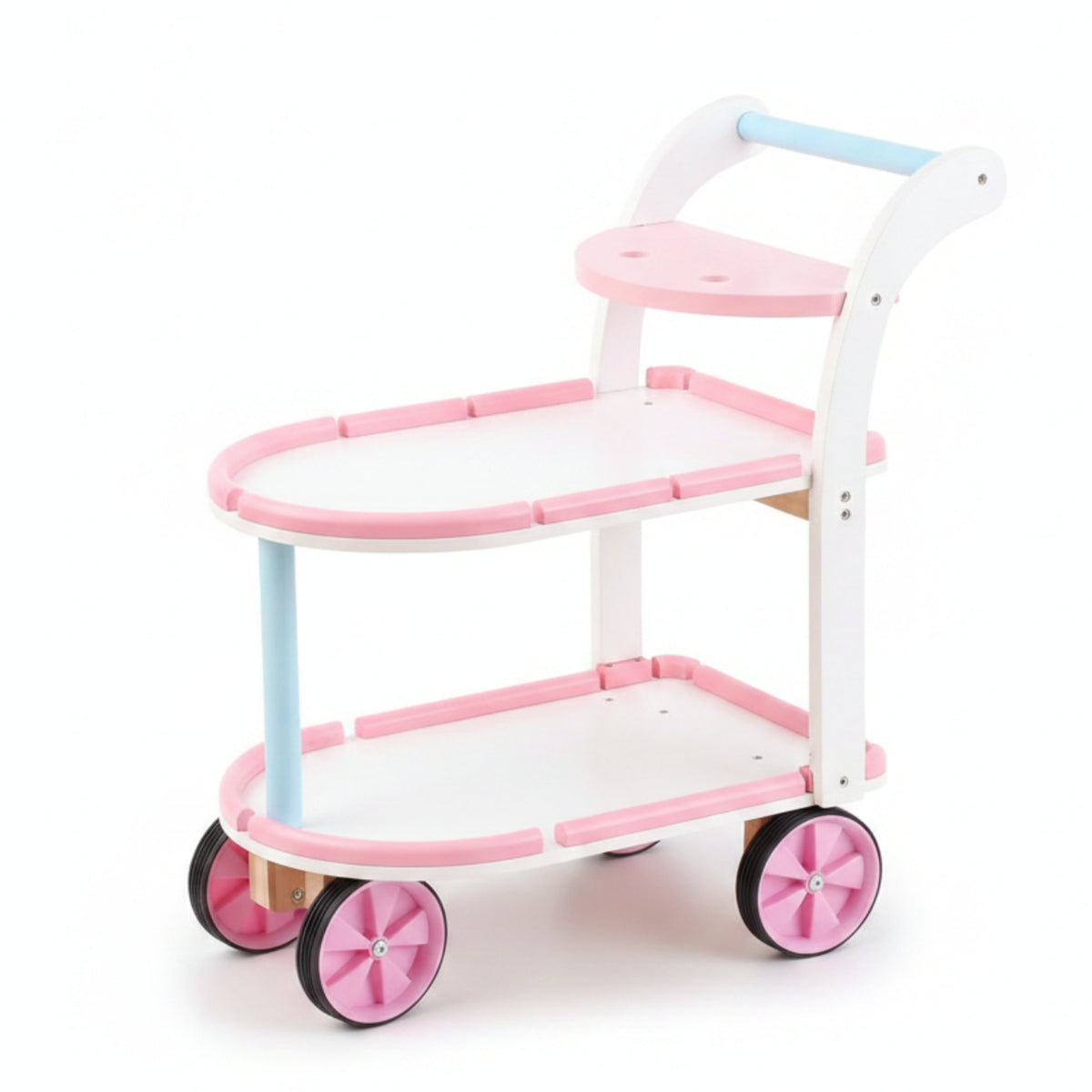 Pink and White Wooden Toy Cart Curved Handle Wooden Rolling Cart Open Shelves Children's Furniture Rounded Edges