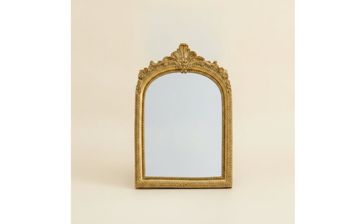 Ornate Arched Mirror with Standing Support Antique Gold Baroque Mirror with Carved Frame Stylish Aesthetic for Vanity