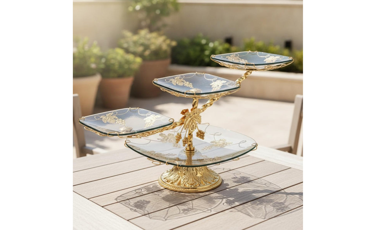 Gold-Tone Fruit Tray Stand with Glass Trays Ornate Tier Serving Stand Tabletop Buffet Server Decorative for Hosts, Tea Table, Living Room, Dining Area