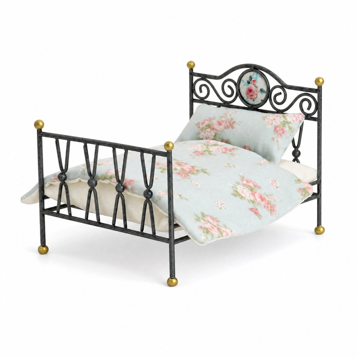 Bed with Bedding Vintage Miniature Metal Bed 1:12 Scale Furniture for Kids