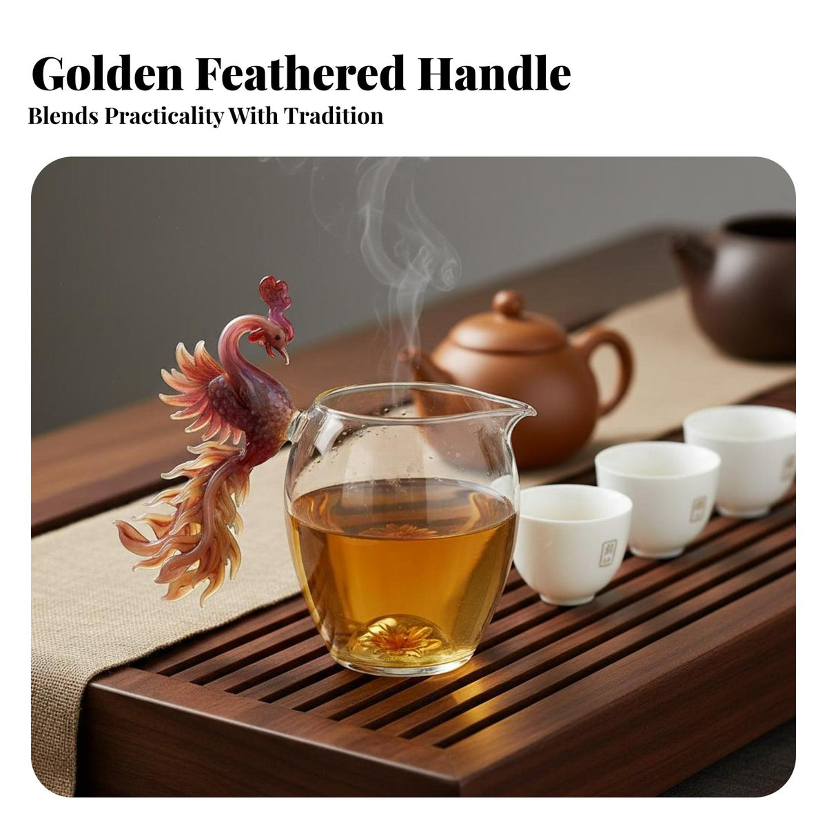 Elegant Design Phoenix Handle Tea Pitcher Heat Resistant Glass Gongdao Cup Easy to Clean Handmade Phoenix Glass Pitcher Dripless Spout for Gift Givers, Adults, Home, Kitchen, Office