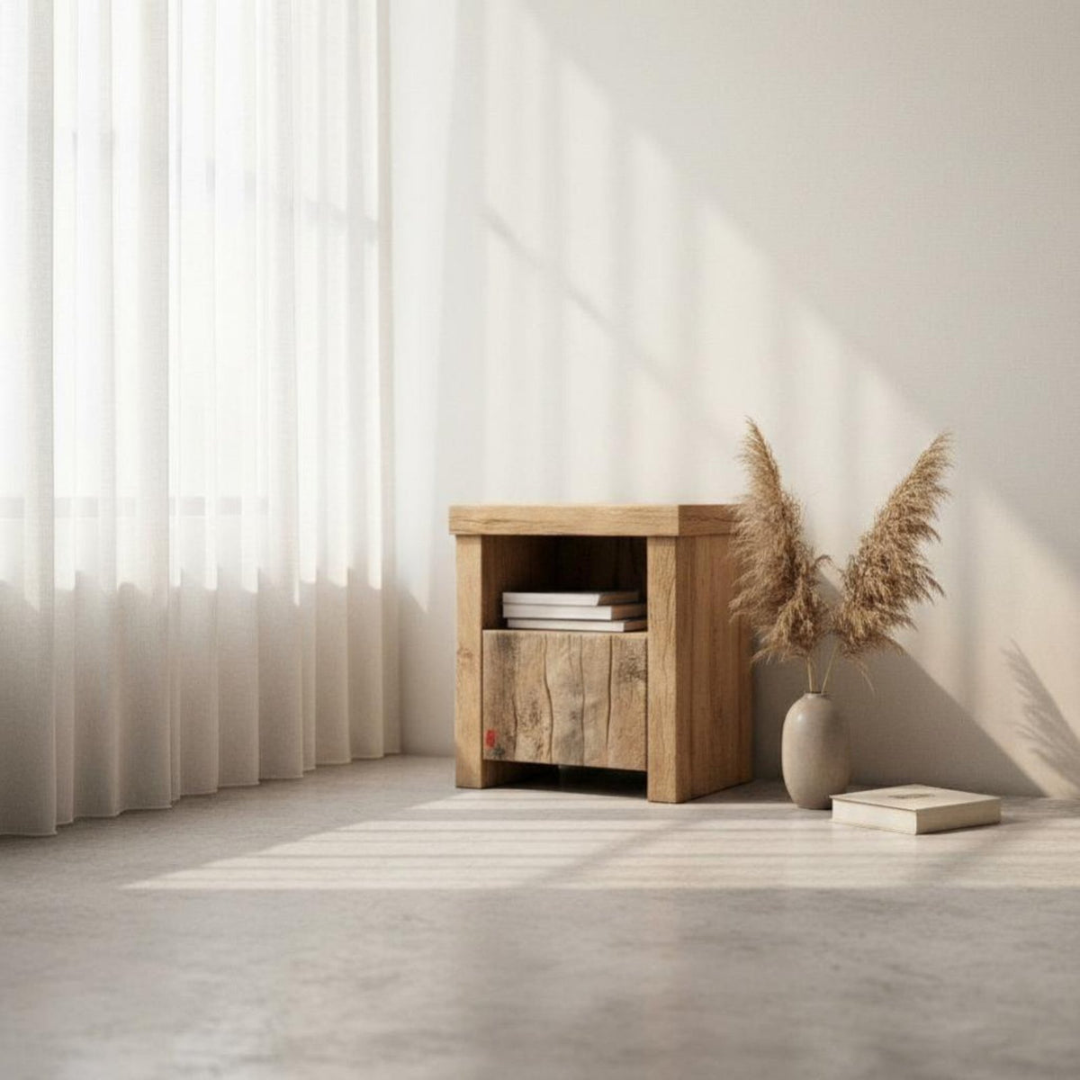 Wabi-Sabi Aesthetic solid wood Block Bedside Table Minimalist Design Nightstand Nordic Inspired Bedroom Furnishing Distressed Finish for Homeowners, Adults, Students, Homestay, Guest Room, Small Spaces, Hallway