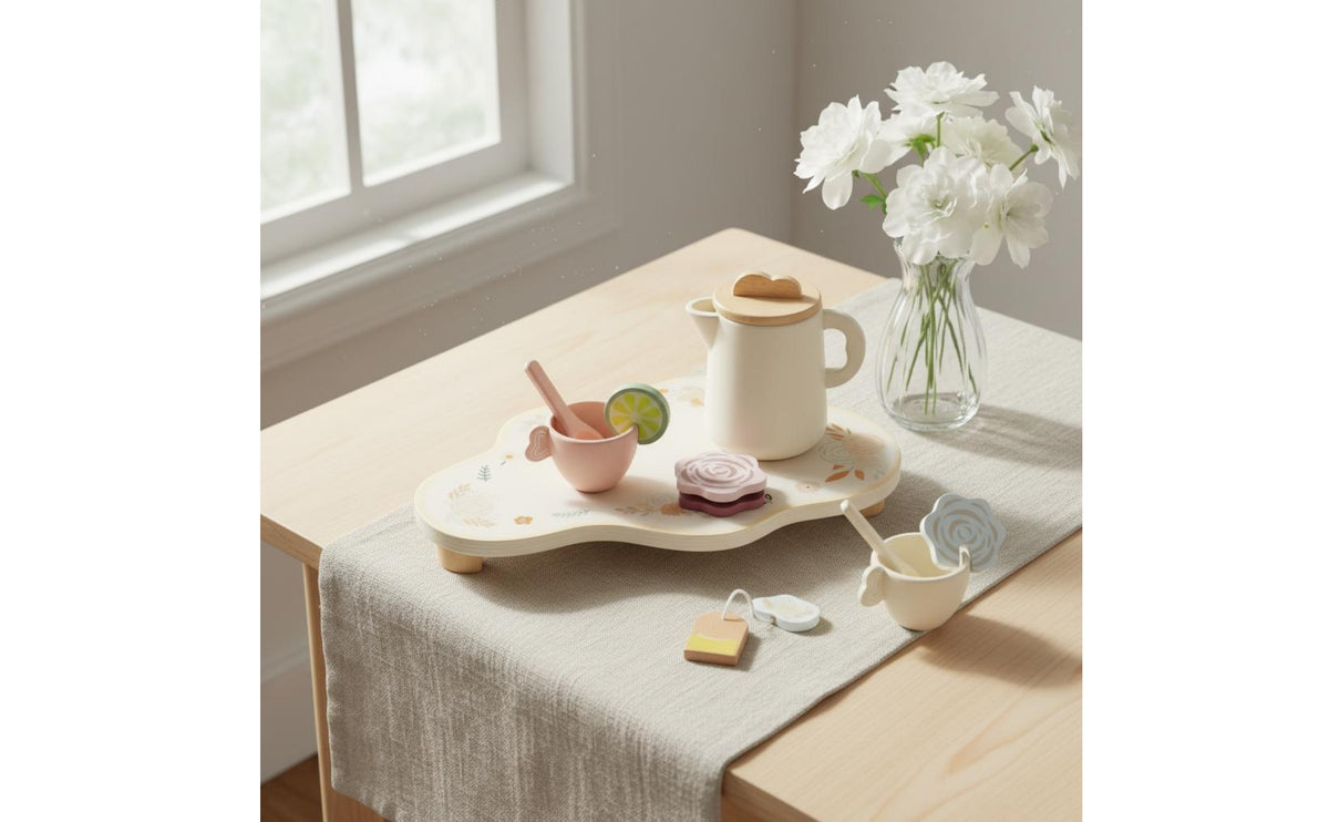 Natural Wood Wooden Tea Set Wooden Pretend Tea Set Child-Safe Kids Toy for Toddlers