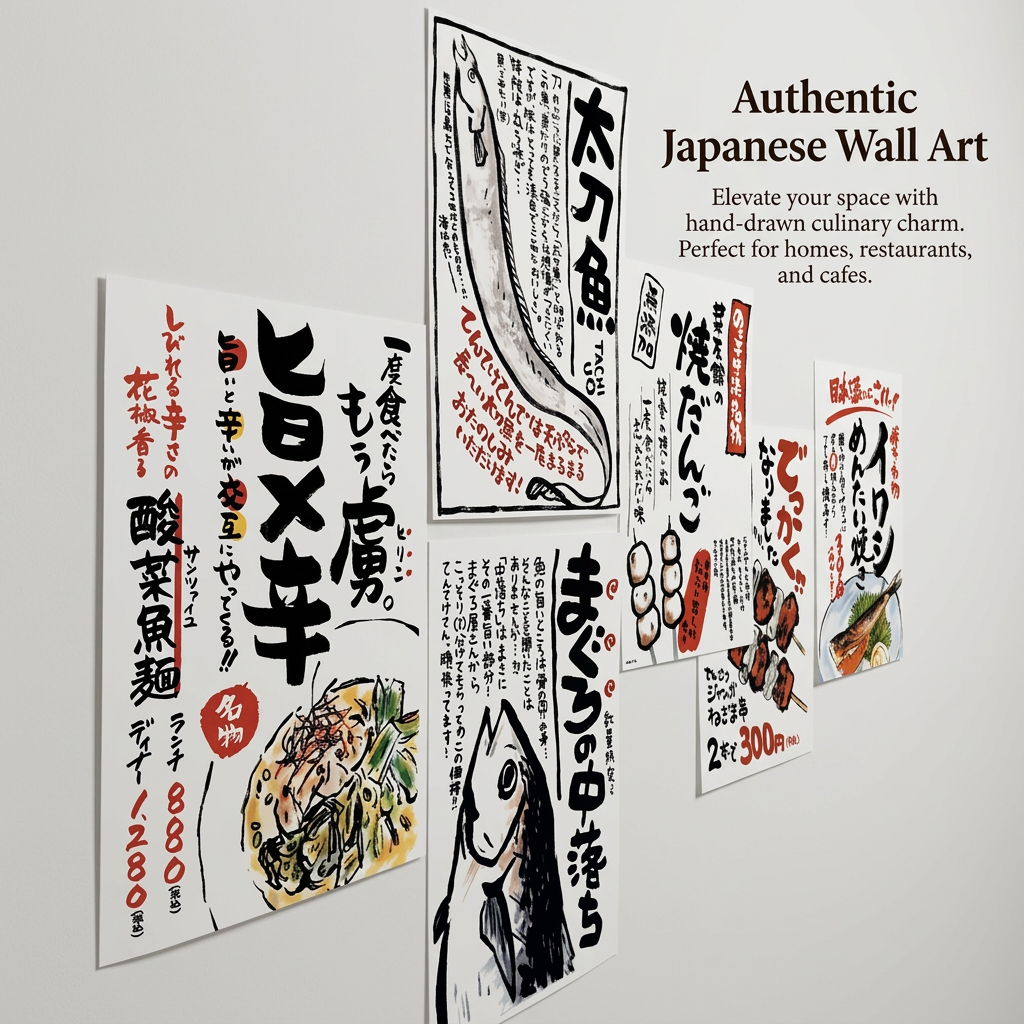 Japanese Food Illustrated Kitchen Poster Set of 6, Frameless Wall Posters for Dining Room Decor, Restaurant Art 4x6 Inches