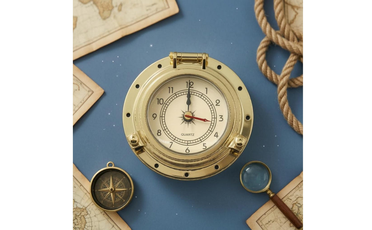 Gold-Tone Porthole Dial Instrument Clear Window Marine Wall Instrument Hinged Top Compass-Style Gauge Mounting Holes