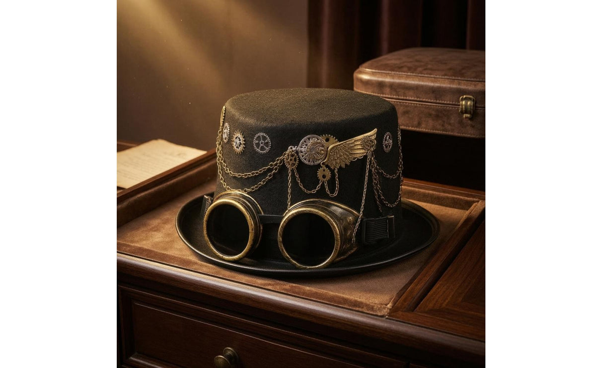 Black Steampunk Hat with Goggles Wide Brim 19th-Century-Inspired Steampunk Top Hat Flat Crown Costume Headpiece Gold-Toned Chain
