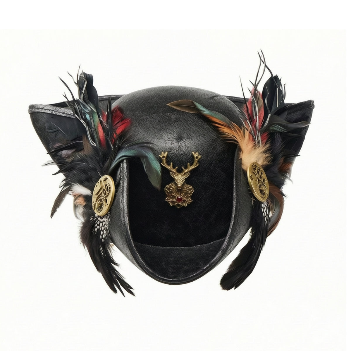 Tricorn Hat with Feathers Distressed Leather Tricorn Hat Steampunk for Cosplayers, Actors, Cosplay, Halloween, Theater