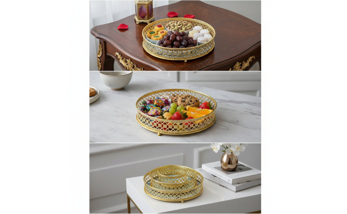 3 Pieces Metal Fruit Tray Gold-Tone Openwork Serving Tray Bowl Lattice Basket Decorative for Hosts, Dessert Display, Tea Table