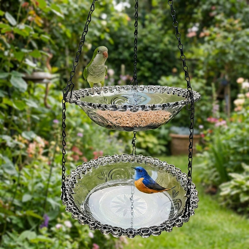 Hanging Feeding Station with Double Layer Feeding Trays, Garden Decor for Small Birds, Outdoor Hanging Chain Design