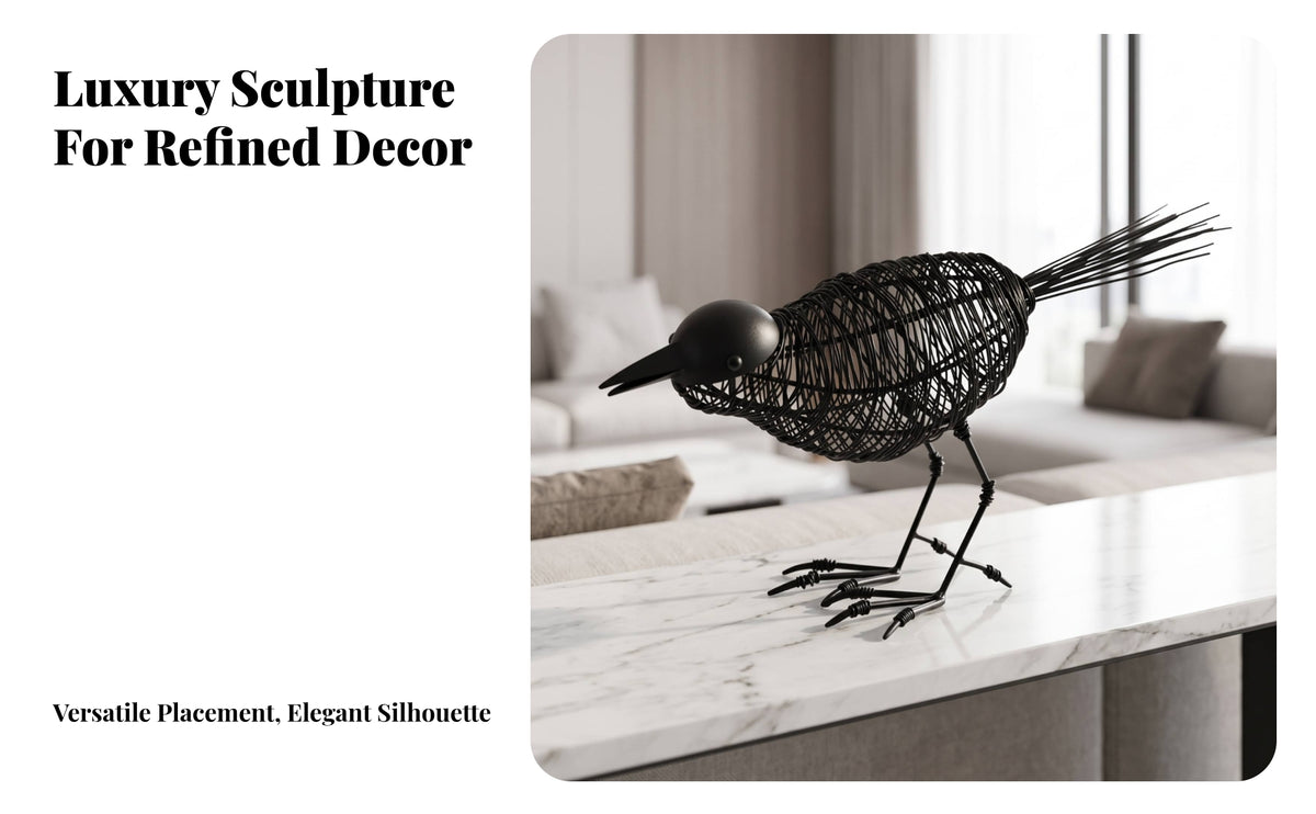 Modern Bird Figurine | Woven Wire Body, Minimalist Geometric Design, Bird Sculpture, for Console Table