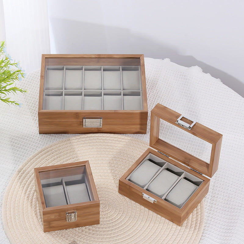 Multi-Slot High-End Bamboo Wood Watch Storage Box with Window, Large Capacity Display Case