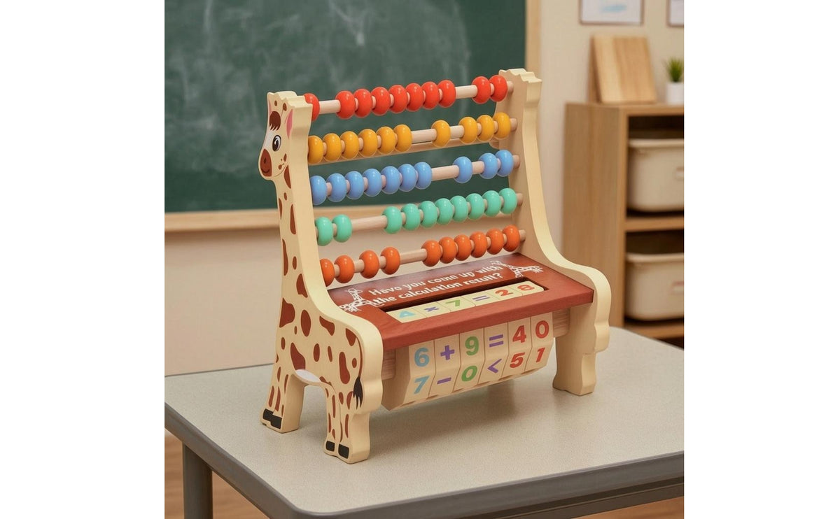 Giraffe-Shaped Wooden Abacus with Rotating Number Cylinder