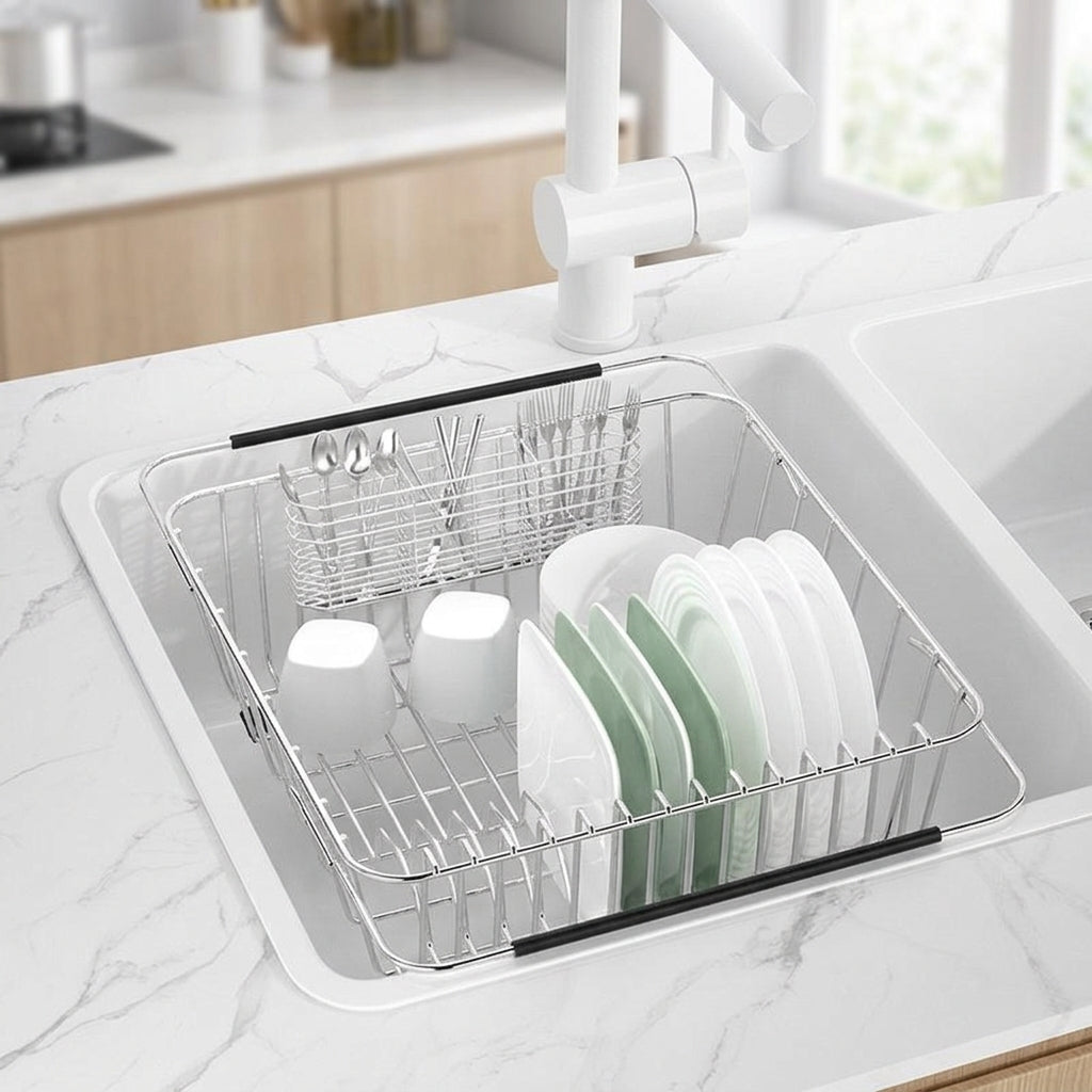 Extendable Dish Rack Kitchen Sink Organizer, Adjustable Stainless Steel Dish Rack with Utensil Holder, Space Saving Modern Minimalist Style Use