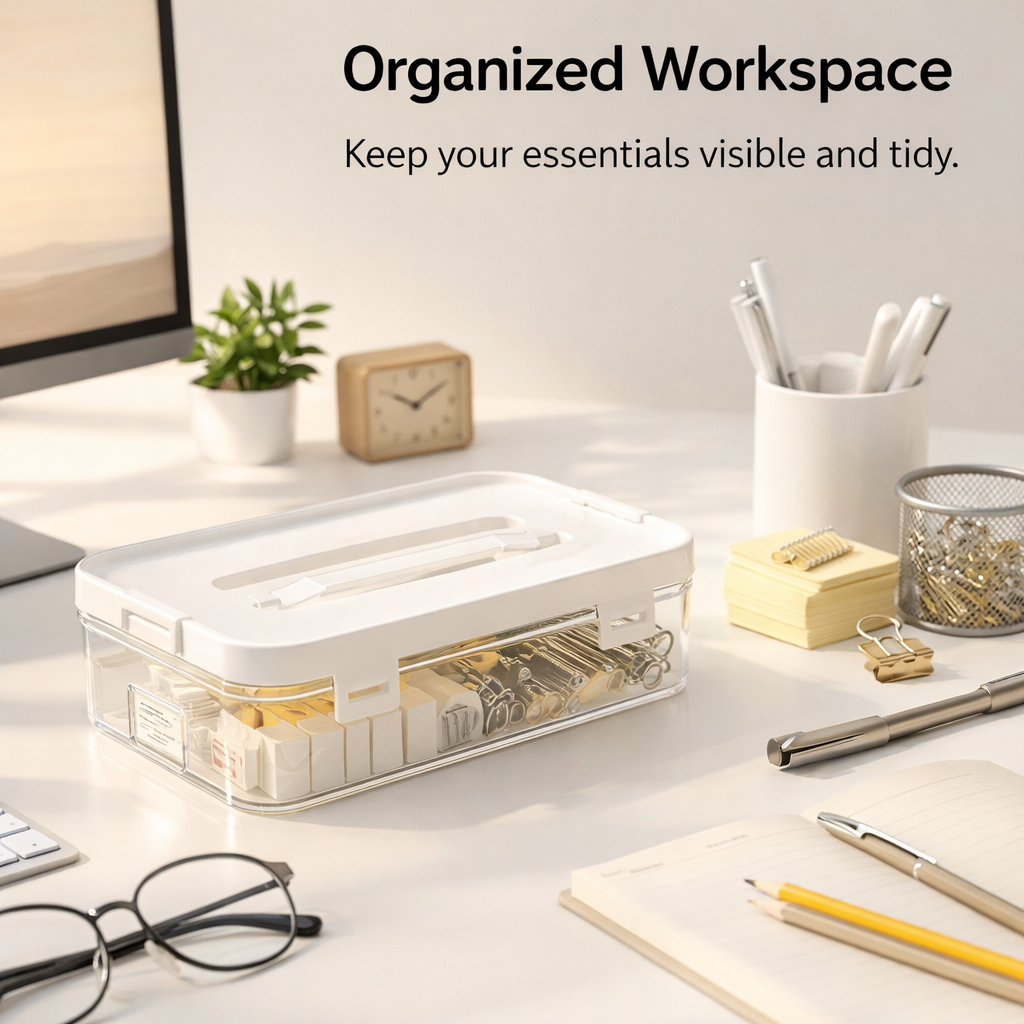 Stackable Desktop Organizer Box for Study Table, Clear Desk Storage for Students, Transparent Rectangular with Compartments