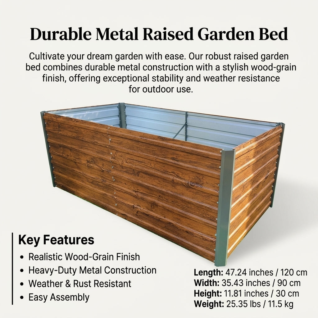 200x100cm Wood Grain Metal Raised Garden Bed for Vegetables, Freestanding Outdoor Planter Box for Patio Balcony, Large Outdoor Planters for Gardeners