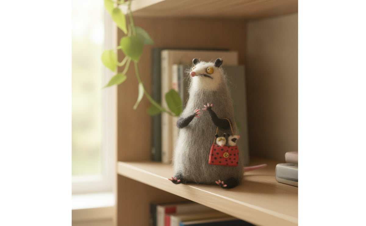 Felt Animal Figurine with Handbag Mini Wool Felt Animal Quirky Collectible for Shelf