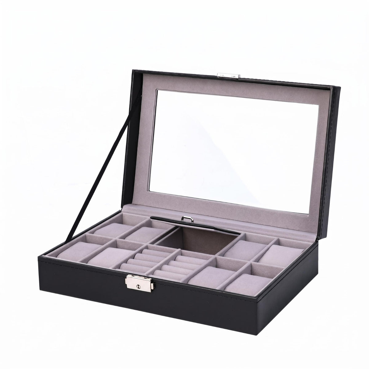 PU Leather Exterior Watch and Jewelry Box Transparent Window Jewelry Watch Box Metal Latch Band Holder Slots
