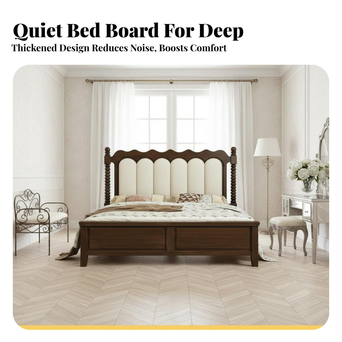 Button-Tufted Wooden Bed sturdy Wood Construction Bedroom Furniture Vintage design Bedstead for partners, Homeowners, Home, Guest Room