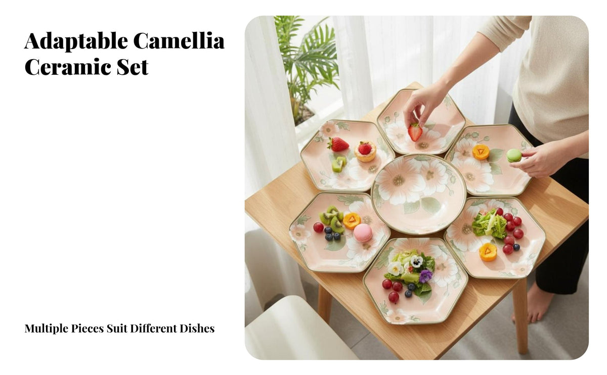 Camellia Series Ceramic Dinnerware Set, Floral Pattern, Elegant Home Tableware