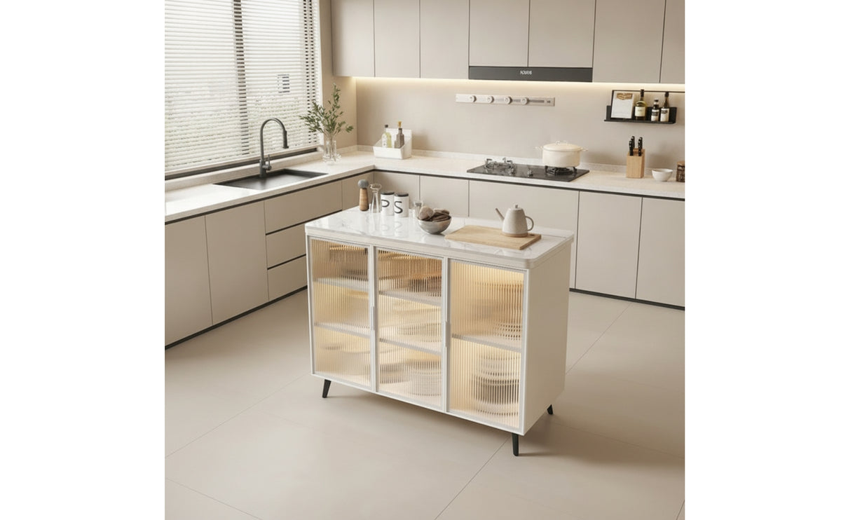 Kitchen Cabinet with Glass Doors Versatile Storage Cabinet with Hard Surface Top Modern Dining Room Credenza for Apartment Dwellers
