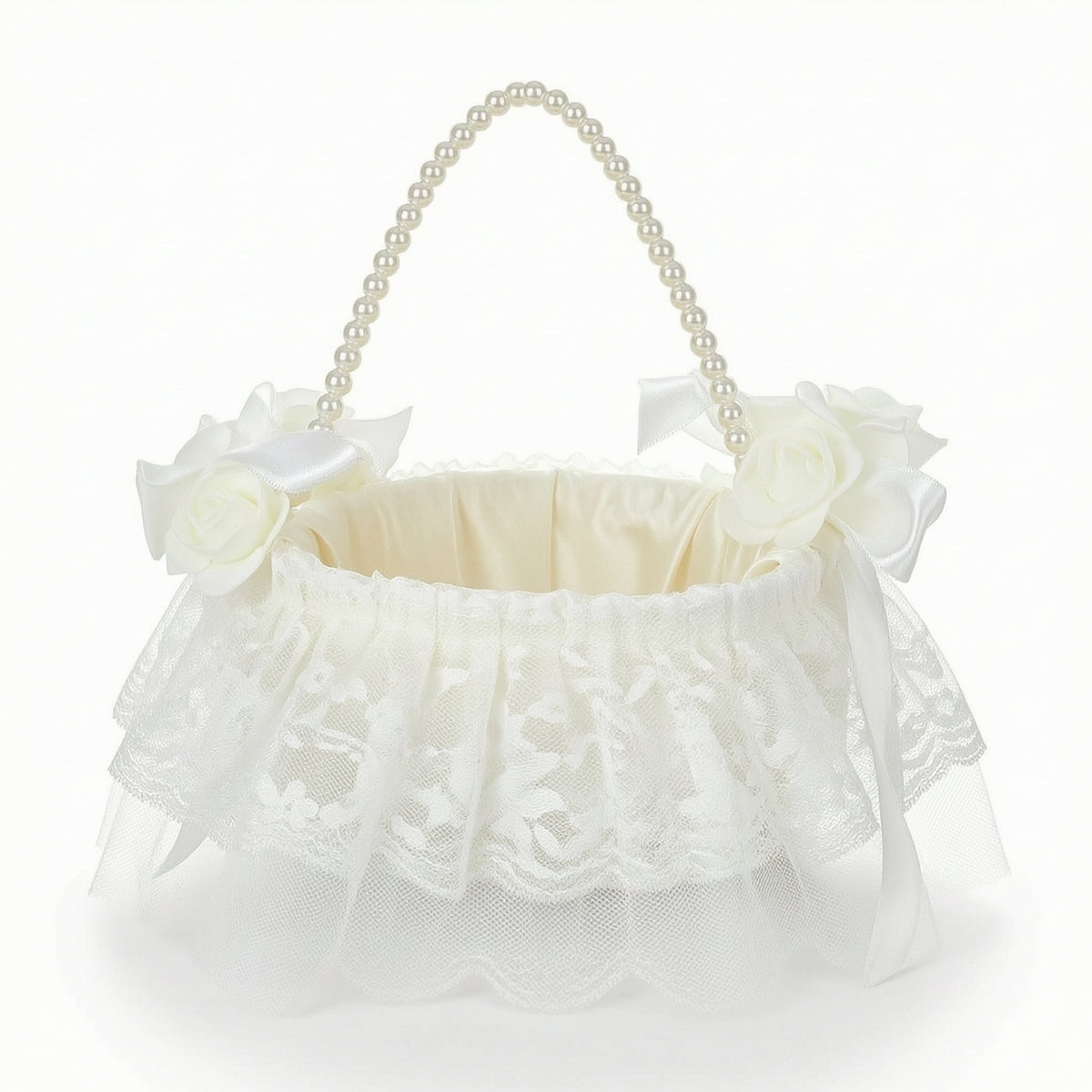 Satin Flower Girl Basket with Pearl Handle Charming Flower Girl Basket with Bow Exquisite Romantic for Brides