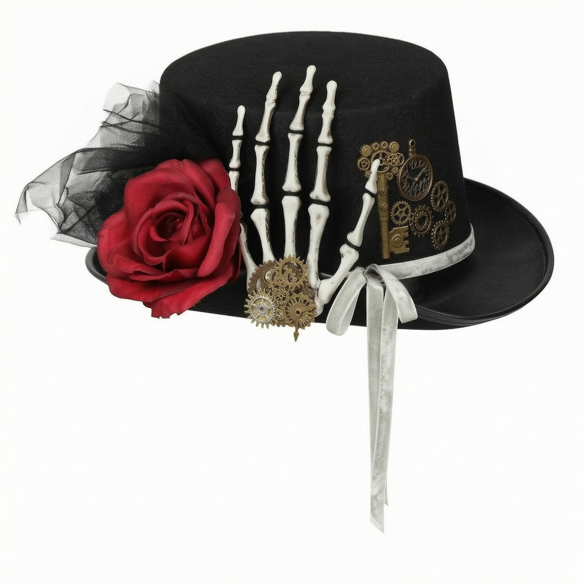 Skeleton Hand Gothic Steampunk Hat Gear Accents Gothic Top Hat Textile Rose Costume Accessory