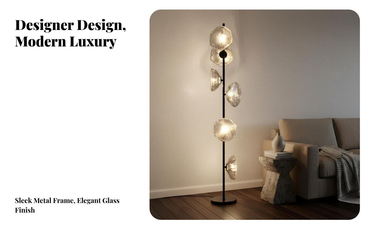 Designer Design Artistic Glass Floor Lamp Minimalist Design Persimmon Glass Floor Lamp Sturdy Metal Base Indoor Lighting for Interior Designers, Professionals, Living Room, Bedroom, Villa, Office