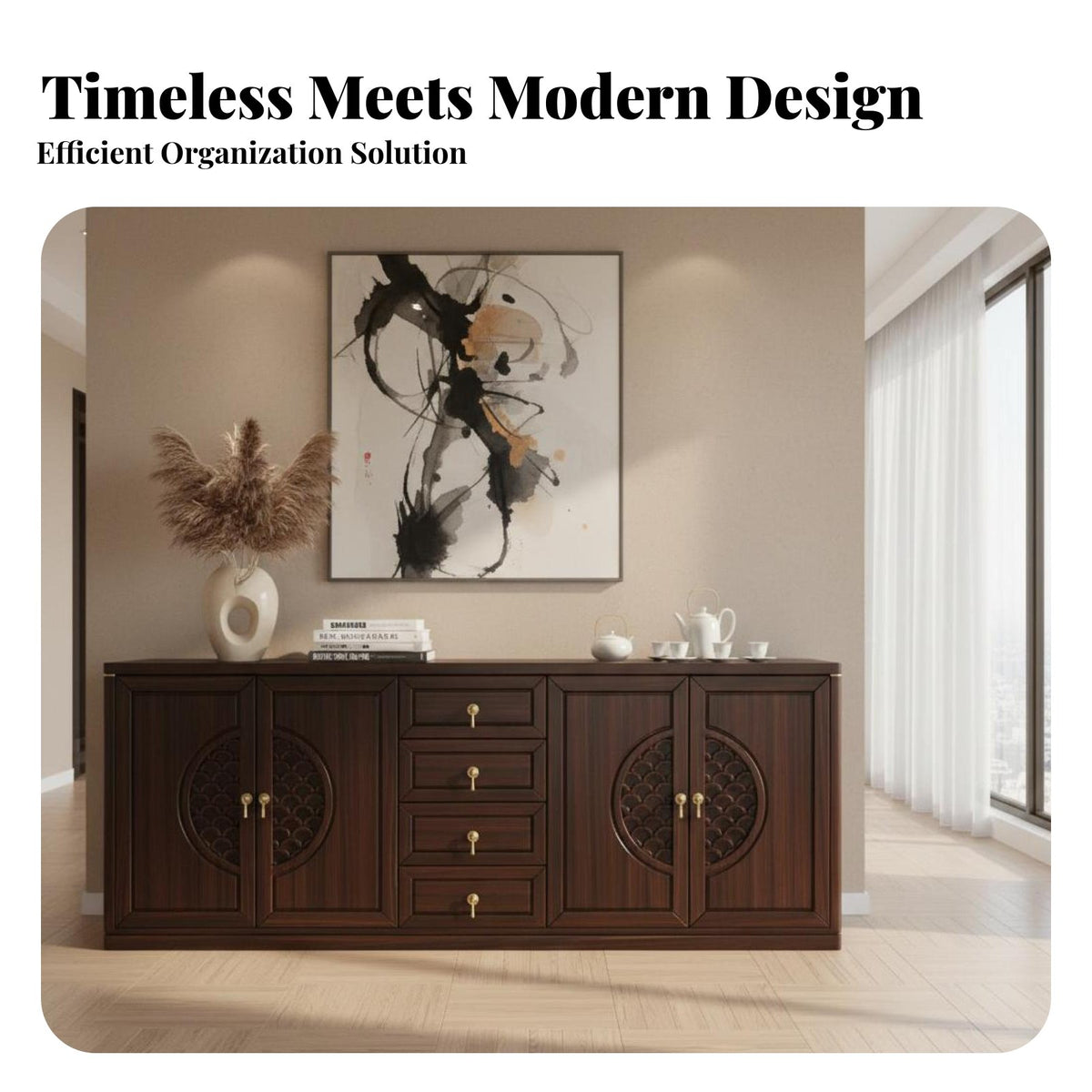 New Chinese Design Sideboard Decorative Chinese Design Buffet Cabinet Versatile Solid Wood Buffet Cabinet for Homeowners, Adults, Hallway, Kitchen