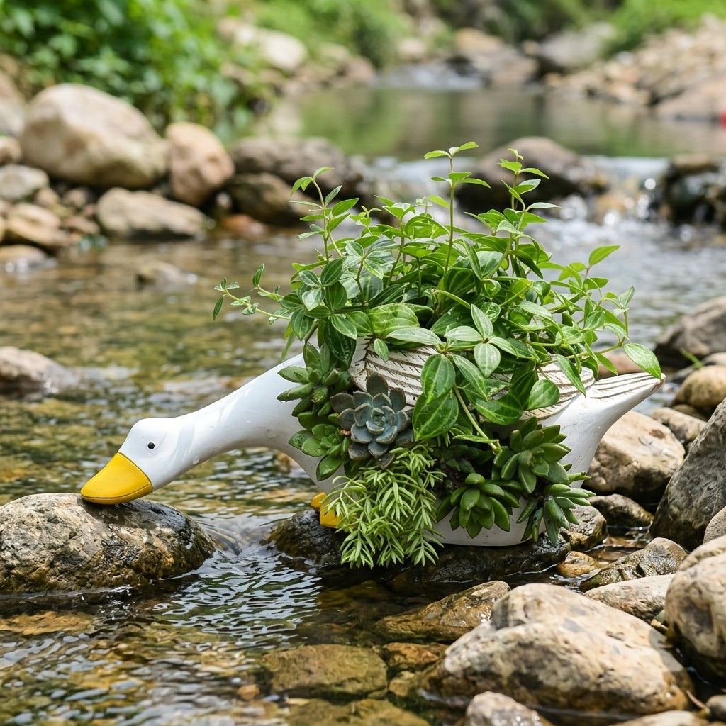 Resin Duck Cart Planter, Outdoor Duck Shaped Planter for Small Plants, Whimsical Garden Decor Figurine, Cute Animal Planter