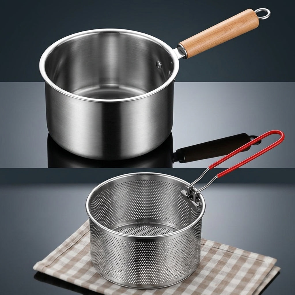 Frying Pan for French Fries with Basket, Uncoated Stainless Steel Pot for Home Cooking, Deep Fryer Chip Pan with 10cm Depth, 304 Stainless Steel