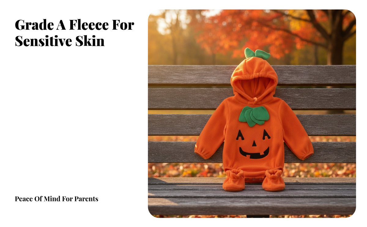 long sleeves Hooded Romper with Booties | Soft Fleece material, Leaf Detail, Pumpkin Romper, for Halloween