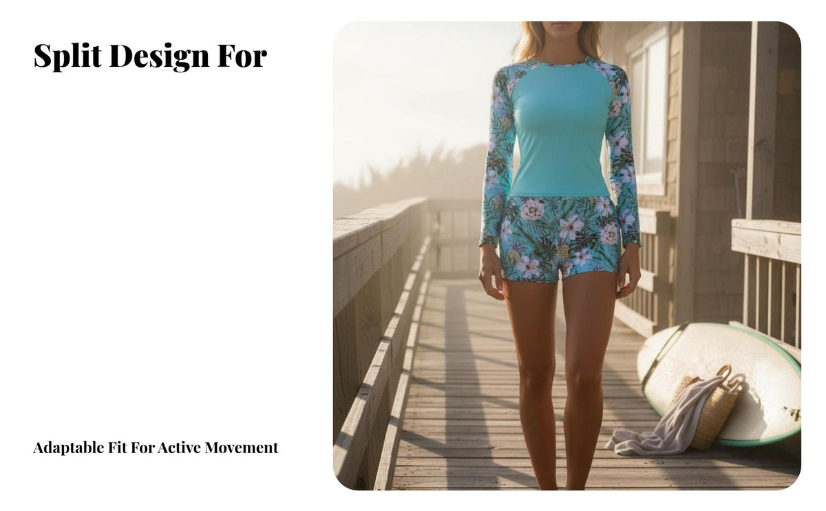 Long Sleeve Sun Shirt Set Full Coverage Long Sleeve Two-Piece Aquatic Suit Floral Print Sun Shirt with Shorts Conservative Fit